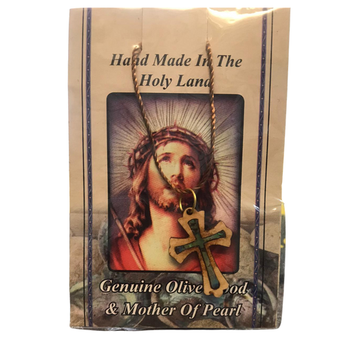 Olive Wood & Mother of Pearl Cross Necklace- Jesus Crown of Thorns