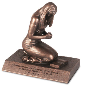 Small Prayer Sculptures - Praying Woman. 4.5in X 2.75 X 4.5. Psalm 34:4 Nlt.