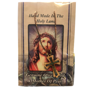 Olive Wood & Mother of Pearl Cross Necklace- Jesus Crown of Thorns