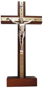 Beech Wood Standing Crucifix 6 3/4 inch Metal Inlaid