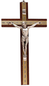 Beech Wood  Hanging Crucifix 6" Metal Inlaid