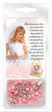 Load image into Gallery viewer, An acrylic rosary with pink beads and gold highlights, featuring a prayer for First Communion on the back of the card.