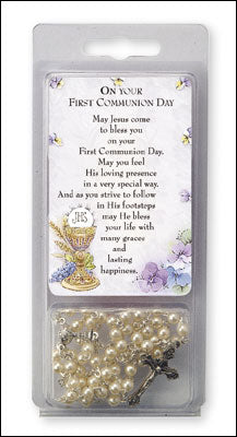 Communion Pearl Rosary with Leaflet Card Size: 3 1/4