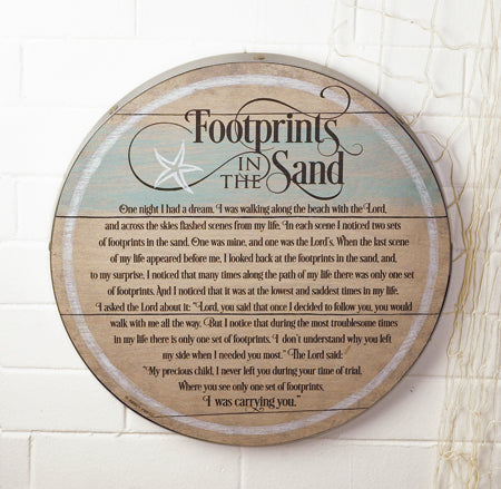 Wall Hanging Wood Barrel Plaque- Footprints in The Sand