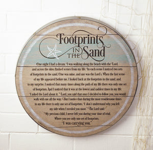 Wall Hanging Wood Barrel Plaque- Footprints in The Sand
