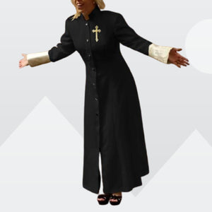 Women's Black Cassock with Gold Damask  trim.