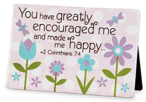 Celebrate someone special with the beautifully designed Plaque: You Have Greatly Encourage Me from Kingdom Gift Centre. This ceramic plaque features a lovely floral design and the uplifting Bible verse 2 Corinthians 7:4. It can be hung or displayed on a table, serving as a constant reminder of the special bond you share. Show your loved one or mentor your appreciation with this meaningful plaque.